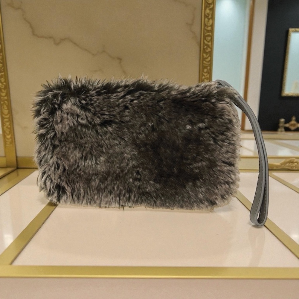 RESTORATION HARDWARE Pre Loved Small Brown Faux Fur Wristlet Clutch